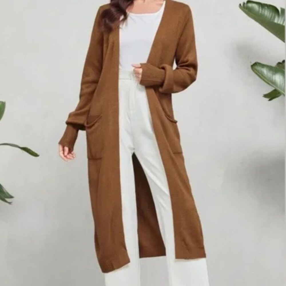 THEORY Torina 48" Long 100% Cashmere Open Front Cardigan Duster In Syrup (Brown)